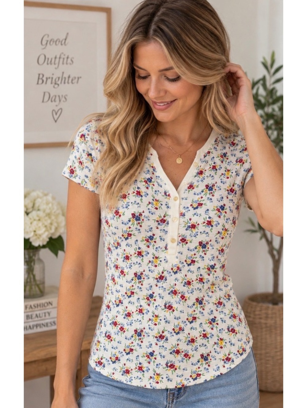 Floral Henley Tunic Top CHAPS Cottagecore Ditsy Print Size Small